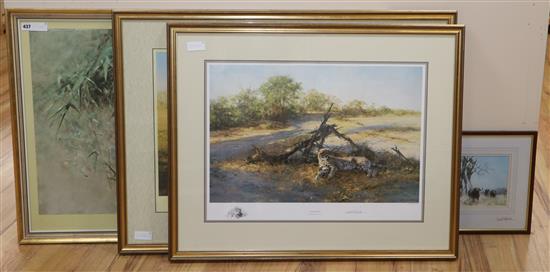 David Shepherd, 3 limited edition prints, Savuti Sands, Tiger Fire and First Light at Sauvit, signed in pencil and